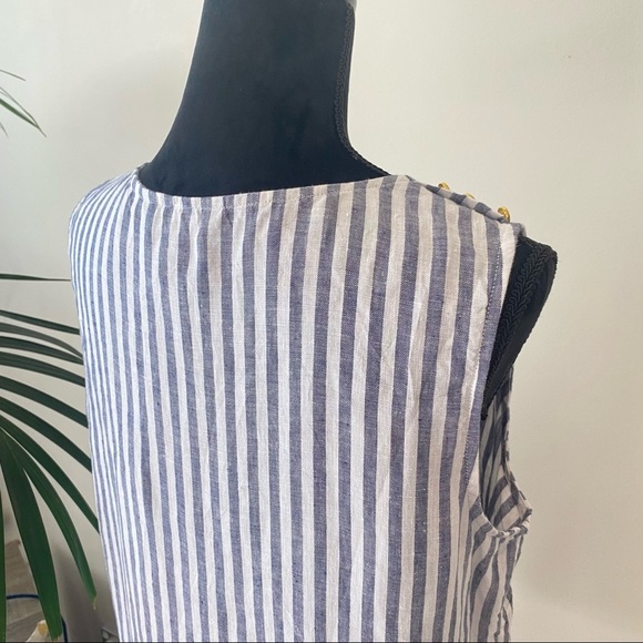 ELLEN TRACY Striped Linen Relaxed Blouse White Blue with Gold Shoulder Detail L - Picture 7 of 13